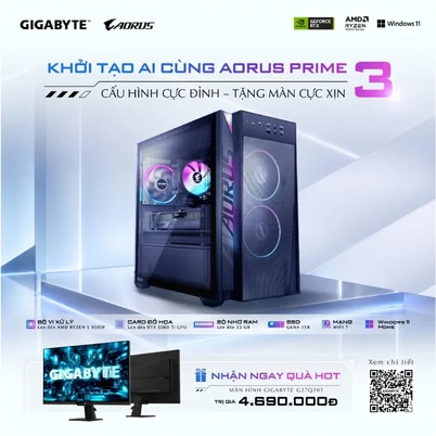 GIGABYTE AORUS PRIME 3 (AP3A5N6-5104) (AP351) AMD Ryzen 5 9500F/16GD5/1TB SSD/WF7/BT/8G_RTX 5060/ARGB-Air-Cooler/650W/W11H/3Y/Đen (Quà tặng màn hình Gigabyte G27Q20T)
