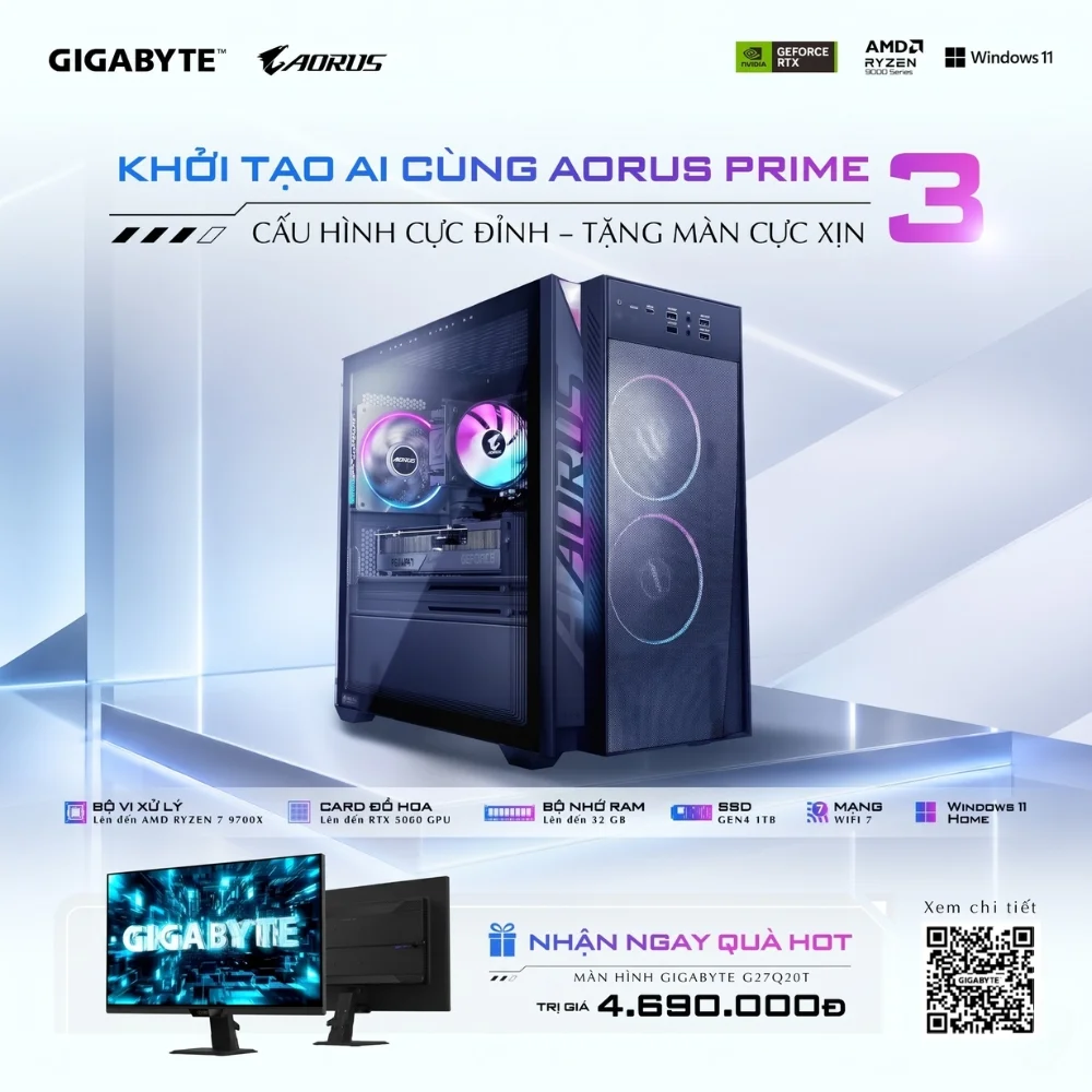 GIGABYTE AORUS PRIME 3 (AP3A5N6T-5111) (AP351) AMD Ryzen 7 9700X/16 GD5/1TB SSD/WF7IBT/8G RTX 5060/ARGB-Air-Cooler/650W/W11H/3Y/ÐEN